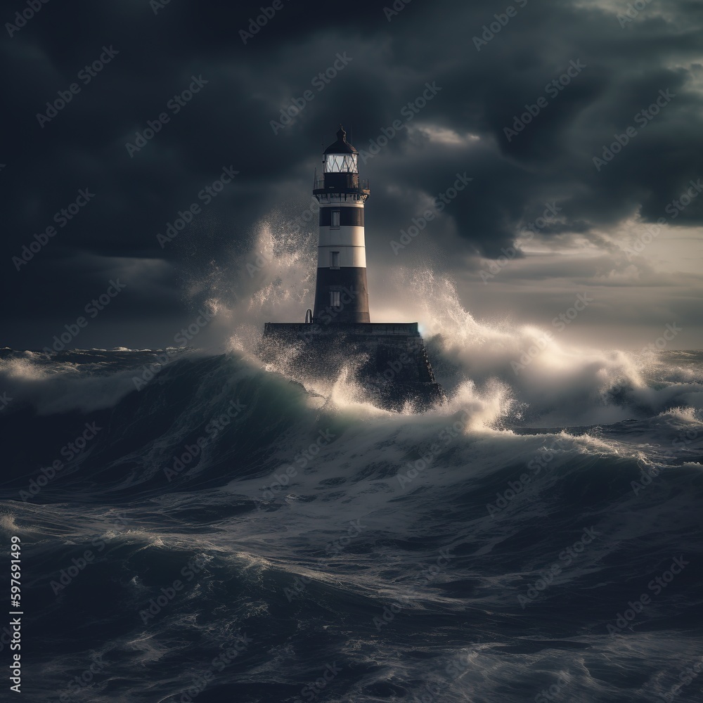 Lighthouse blazing brightly in the pitch-black, stormy sea, Generative AI.