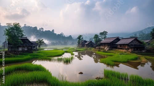 Ancient Asian village with paddy fields. Generative AI