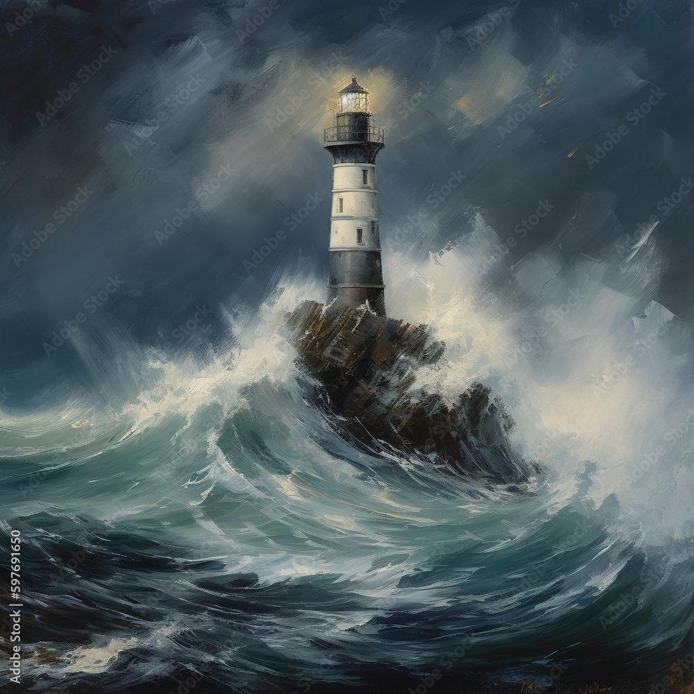 An oil painting depicting a lighthouse gleaming brightly in the dark among a storm and a rough sea, Generative AI.