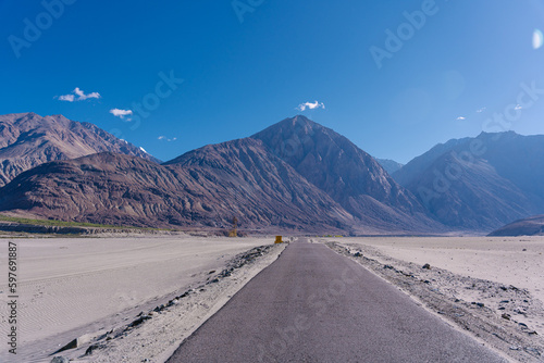 The road, mountain and blue sky, beautiful scenery on the way to Pangong lake, Ladakh, India