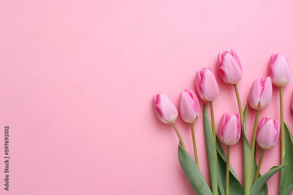 A pink tulip bouquet on pink background, Generative AI