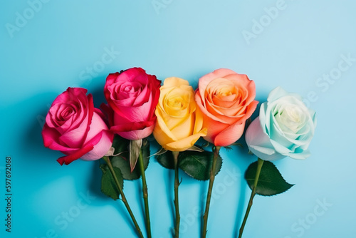 A colorful bouquet of roses on blue background  Generative AI