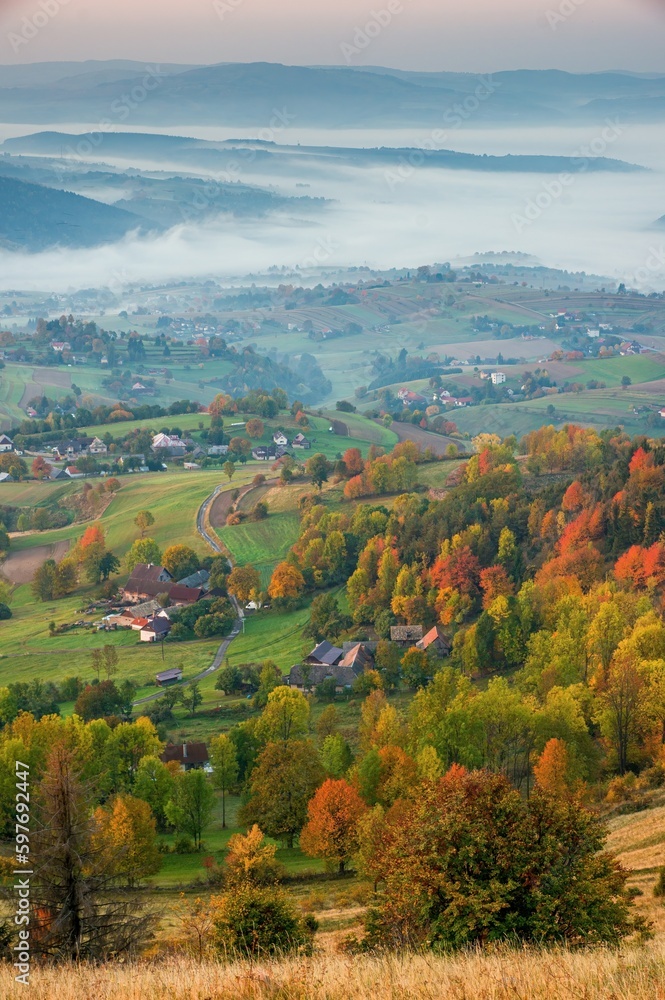 Autumn landscape with village, Slovakia. Discover the beauty of autumn nature