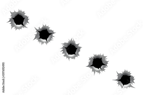 Bullet holes set isolated on white background. Realistic ragged metal holes row. Damage effect
