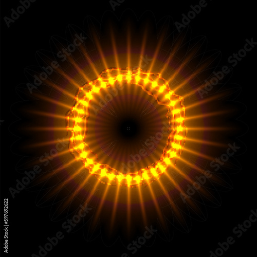 Orange portal of radial line rays and circle flash light effect, golden bright fire ring