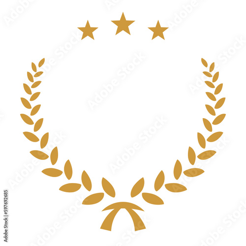 Yellow laurel wreath with stars icon vector illustration. Winner award with branch and three stars silhouette, trophy, gold certificate or birthday congratulation for ceremony isolated on white