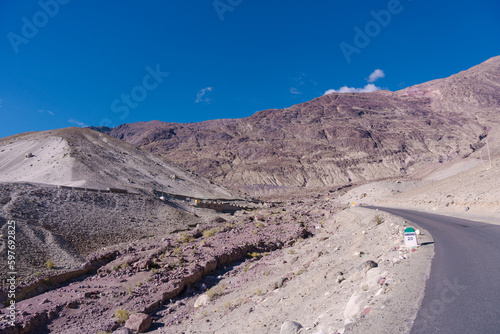 street view, mountains and blue sky on the way to Pangong lake, Ladakh, India