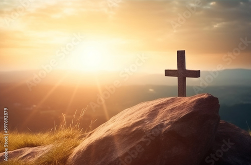Easter and Good Friday concept, Empty tombstone with cross on mountain sunrise background, Generative AI © Art is Magic