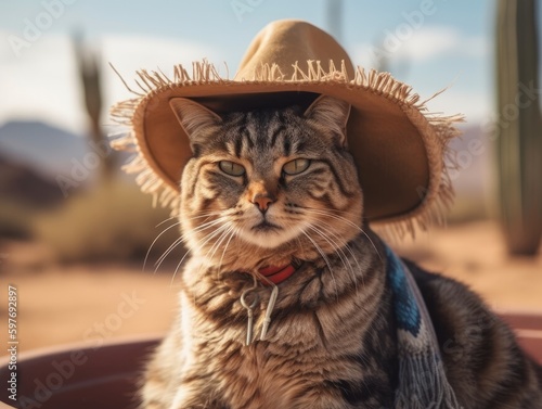 A cat wearing a sombrero and poncho, sitting on a cactus in the middle of a desert