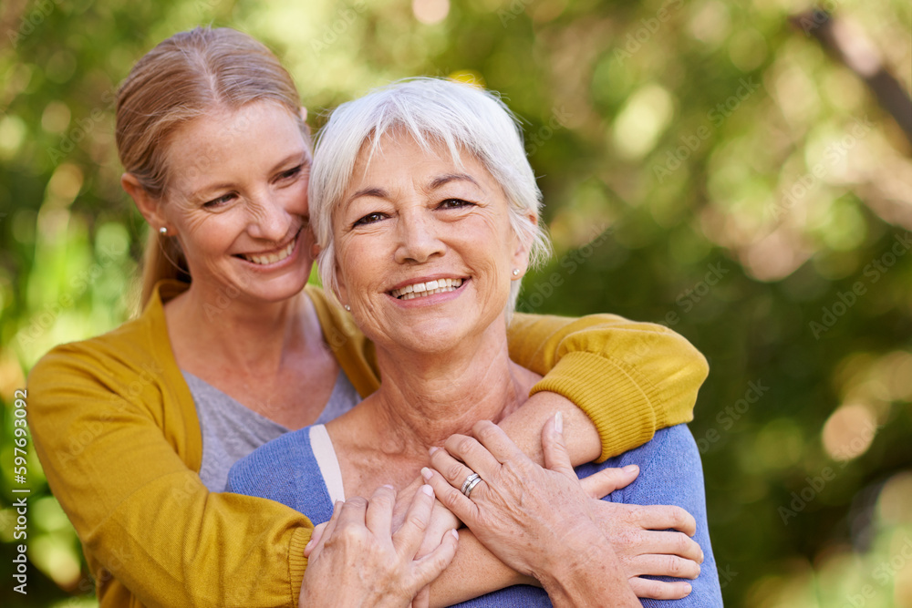 Senior mother, woman and hug outdoor with happiness, love and care in portrait by trees on holiday. Elderly mama, lady and embrace with bond, excited face and support in backyard with summer sunshine Senior mother, woman and hug outdoor with happiness, love and care in portrait by trees on holiday. Elderly mama, lady and embrace with bond, excited face and support in backyard with summer sunshine