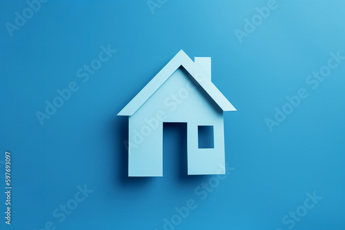 House symbol for real estate and housing concepts, buy or sell home, mortgage, maintenance, repair, refurbish, investment, property market. Cutout paper blue background, Generative AI
