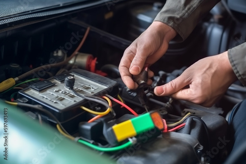 A car mechanic checking a car battery, Generative AI