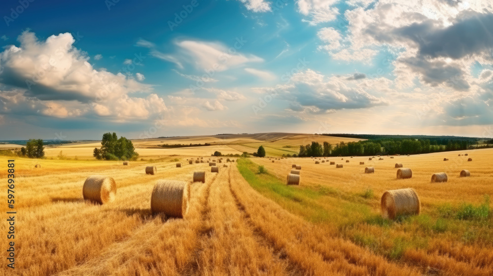 agricultural field with hay bales on a beautiful warm and bright summer day, blue sky with some clouds, generative ai agricultural field with hay bales on a beautiful warm and bright summer day, blue sky with some clouds, generative ai