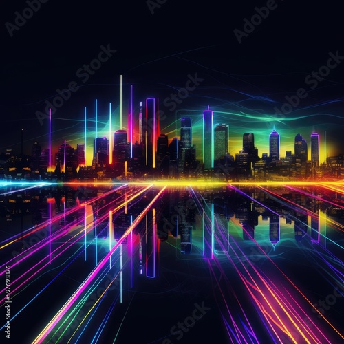skyline silhouette of a city with abstract lights during nighttime, generative ai