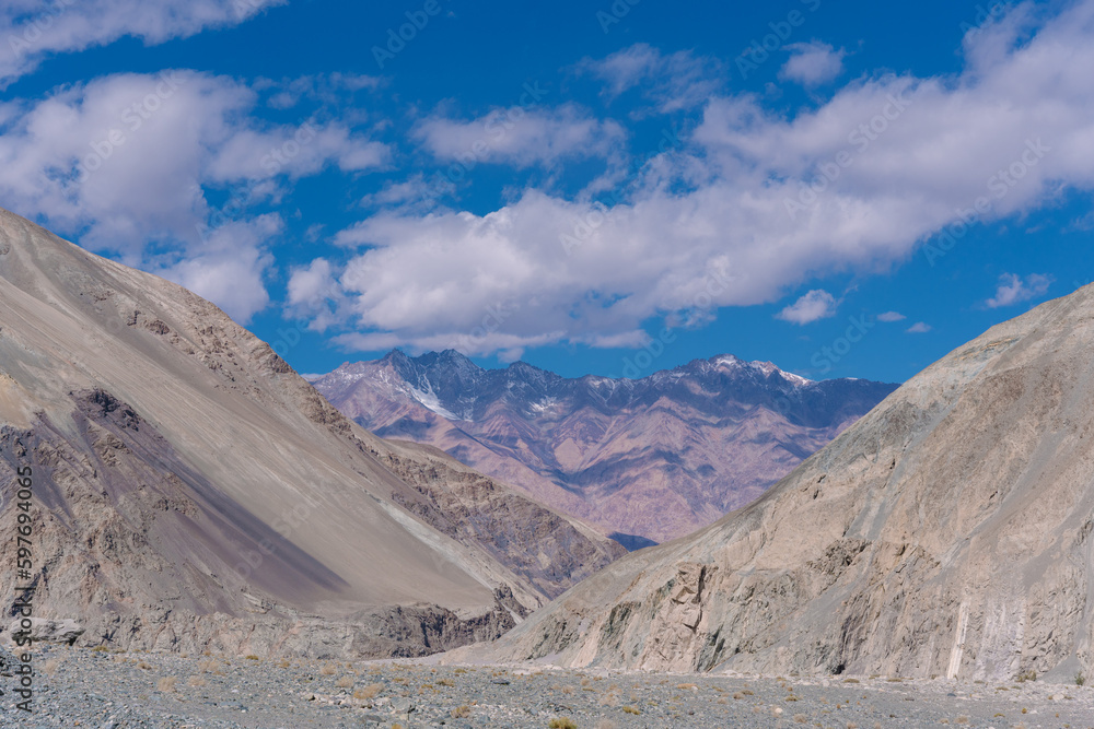 street view, mountains and blue sky on the way to Pangong lake, Ladakh, India