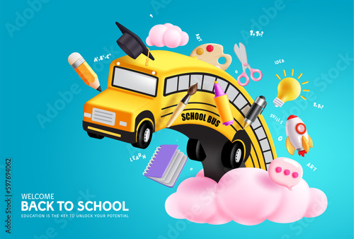 Back to school vector concept design. Back to school text with school bus and student supplies in creative art design. Vector illustration educational arts.