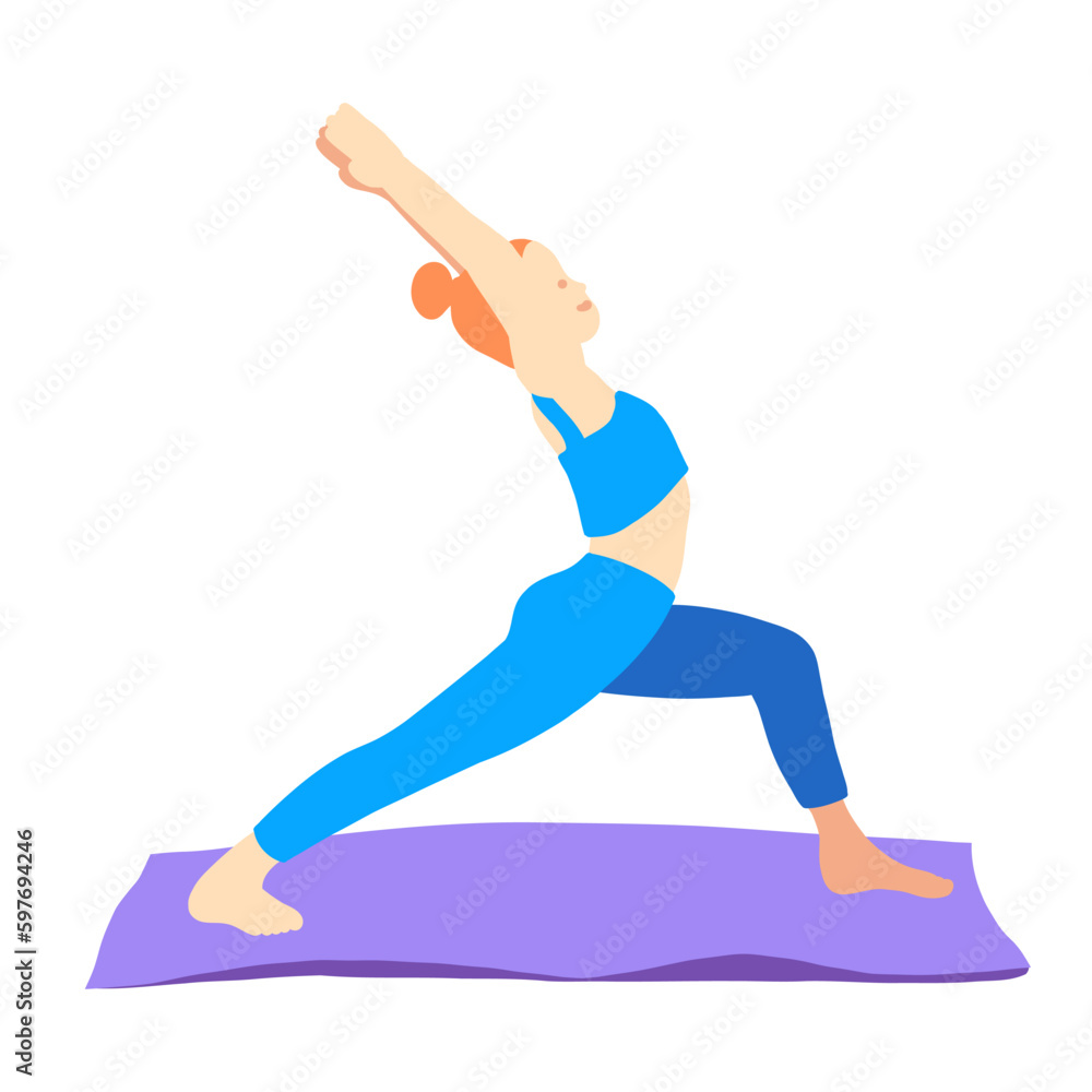 Training in yoga pose of rad hair European girl in blue tracksuit on a purple mat. Pilates, sport, health. Female, lady, woman. Vector illustration in cartoon flat style isolated on white background.