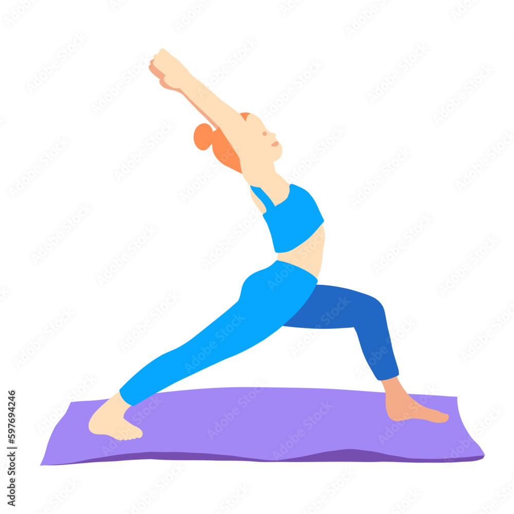 Training in yoga pose of rad hair European girl in blue tracksuit on a purple mat. Pilates, sport, health. Female, lady, woman. Vector illustration in cartoon flat style isolated on white background. Training in yoga pose of rad hair European girl in blue tracksuit on a purple mat. Pilates, sport, health. Female, lady, woman. Vector illustration in cartoon flat style isolated on white background.