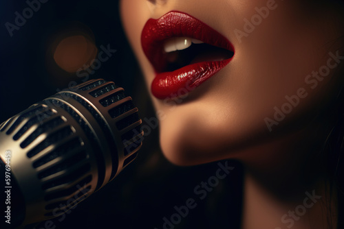 Singer musician performing at a concert, show or karaoke. Female mouth and red lips singing a song into a microphone. Close-up, side view. Generative AI photo