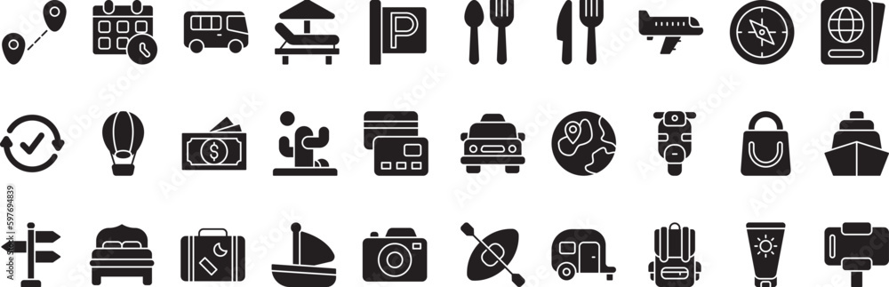 Travel Icon Pack With Solid Or Glyph Style Simple Travel Icon Pack With Solid Or Glyph Style Simple