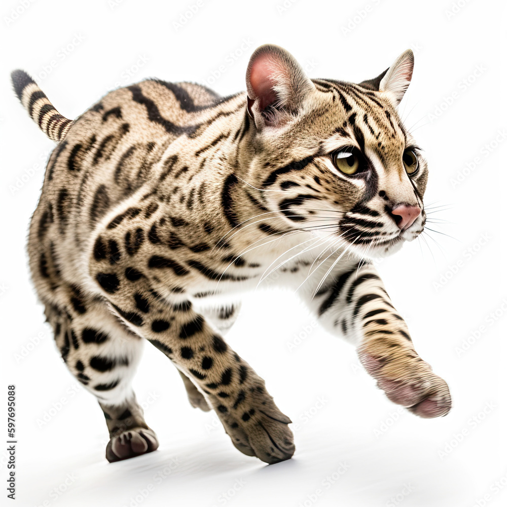 Ocelot Action Shot on White Background - Made with Generative AI