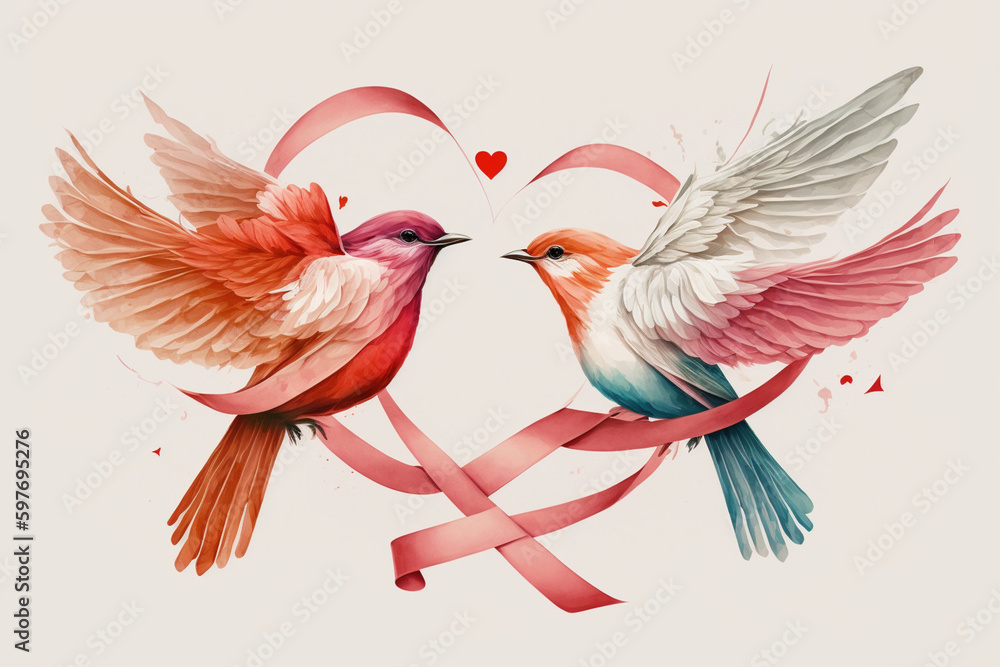 Fototapeta premium Dwie połówki - ptasia para - zaproszenie na ślub, tło - Two halves - bird couple - wedding invitation, background -. AI Generated
