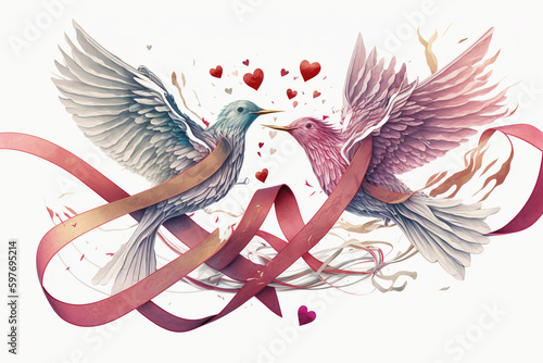 Ptasia miłość - parka połączona szarfą, ilustracja - Bird love - a couple joined by a sash, illustration - AI Genereted