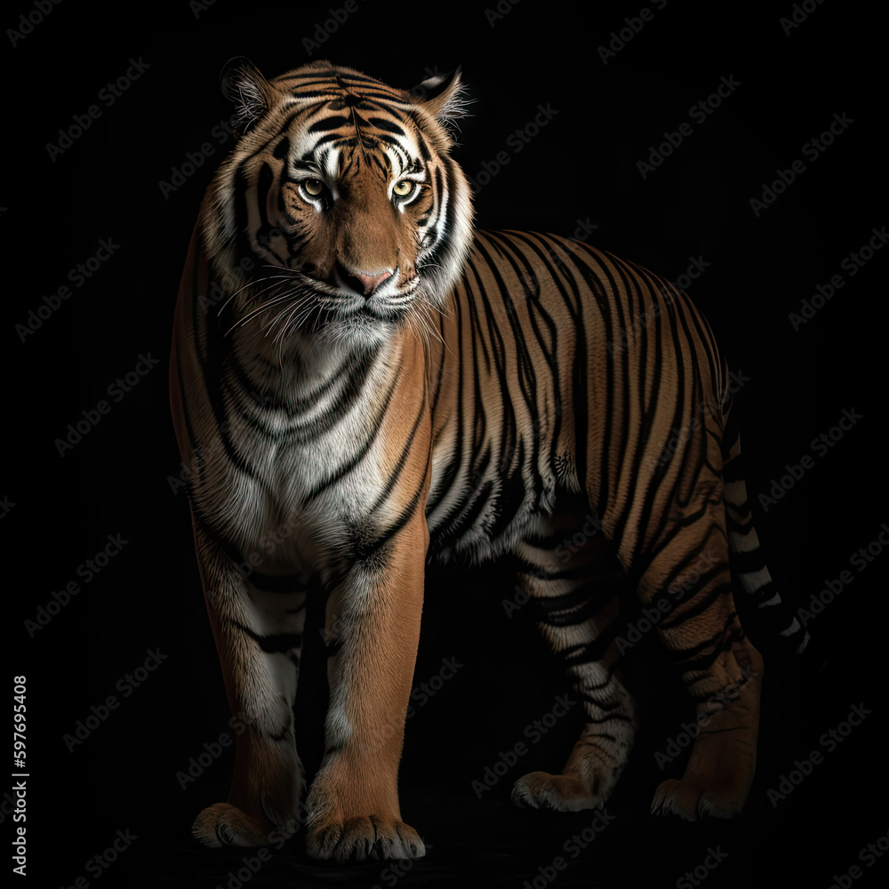 Fototapeta premium Bengal Tiger Full Body on Black Background - Made with Generative AI