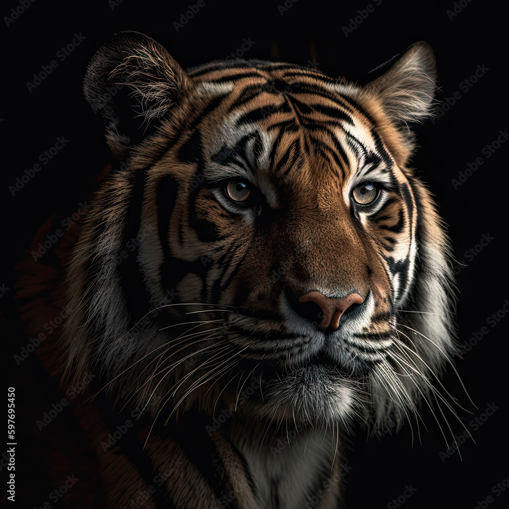 Fototapeta premium Bengal Tiger Portrait on Black Background - Made with Generative AI