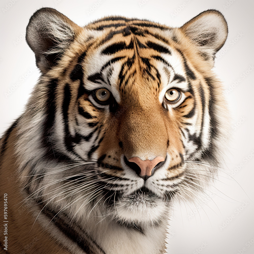 Bengal Tiger Portrait on White Background - Made with Generative AI Bengal Tiger Portrait on White Background - Made with Generative AI