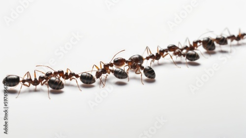 close up group of ants on ground walking following lead isolated on white background, side by side working together, generative ai © Anna Elizabeth