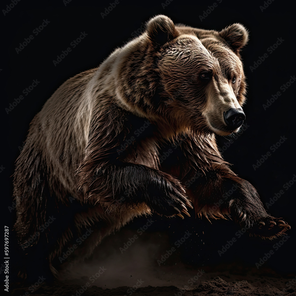 Fototapeta premium Grizzly Bear Action Shot on Black Background - Made with Generative AI
