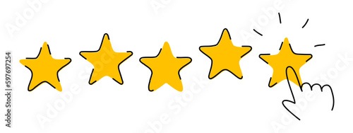 Customer review concept. Feedback, reputation and quality concept. Finger pointing to five star rating