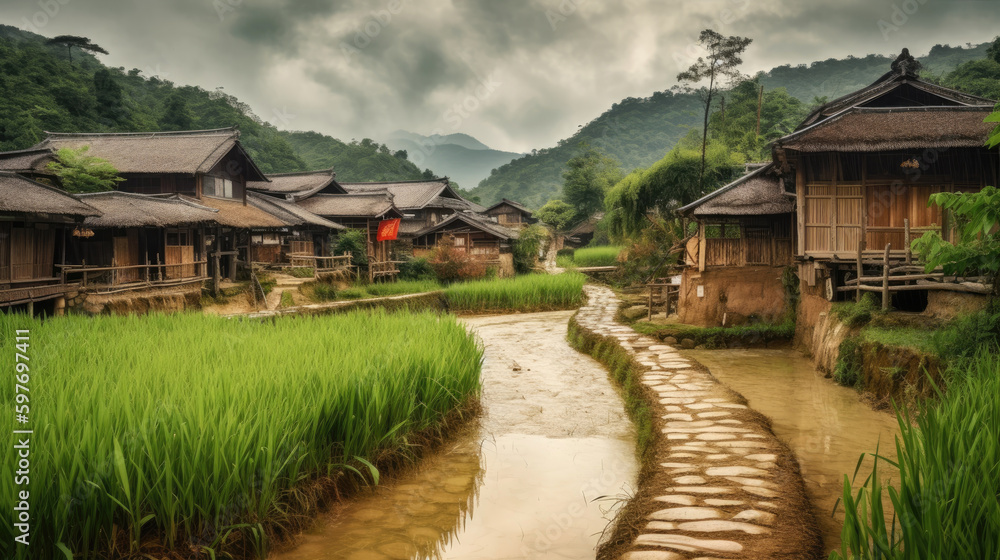 Ancient Asian village with paddy fields. Generative AI