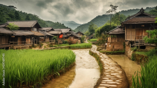 Ancient Asian village with paddy fields. Generative AI