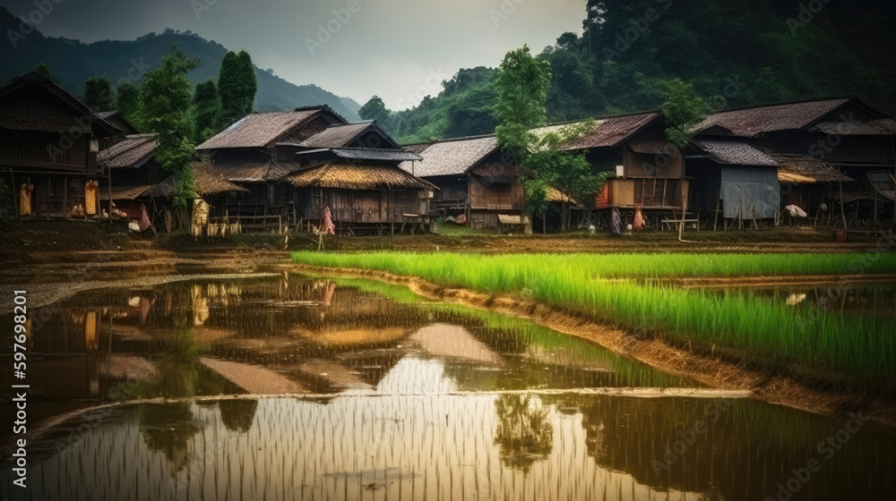 Ancient Asian village with paddy fields. Generative AI Ancient Asian village with paddy fields. Generative AI