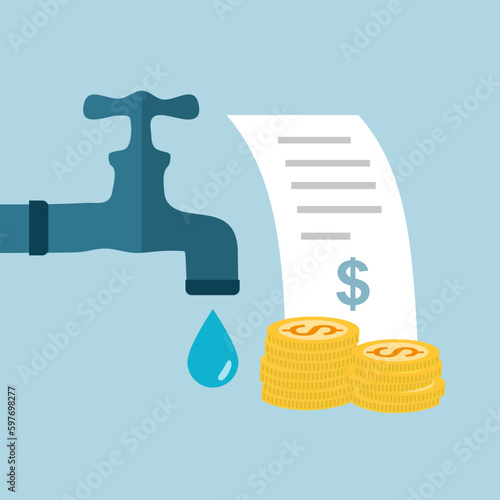 Water utility bill concept vector illustration. Water tap, stack of coins and invoice in flat design. © Orapun