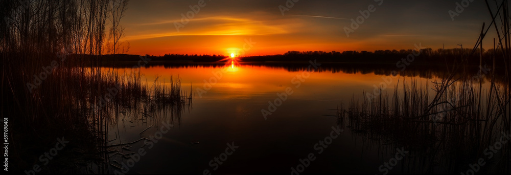Sunset over a lake in the Netherlands. panoramic view. Generative AI