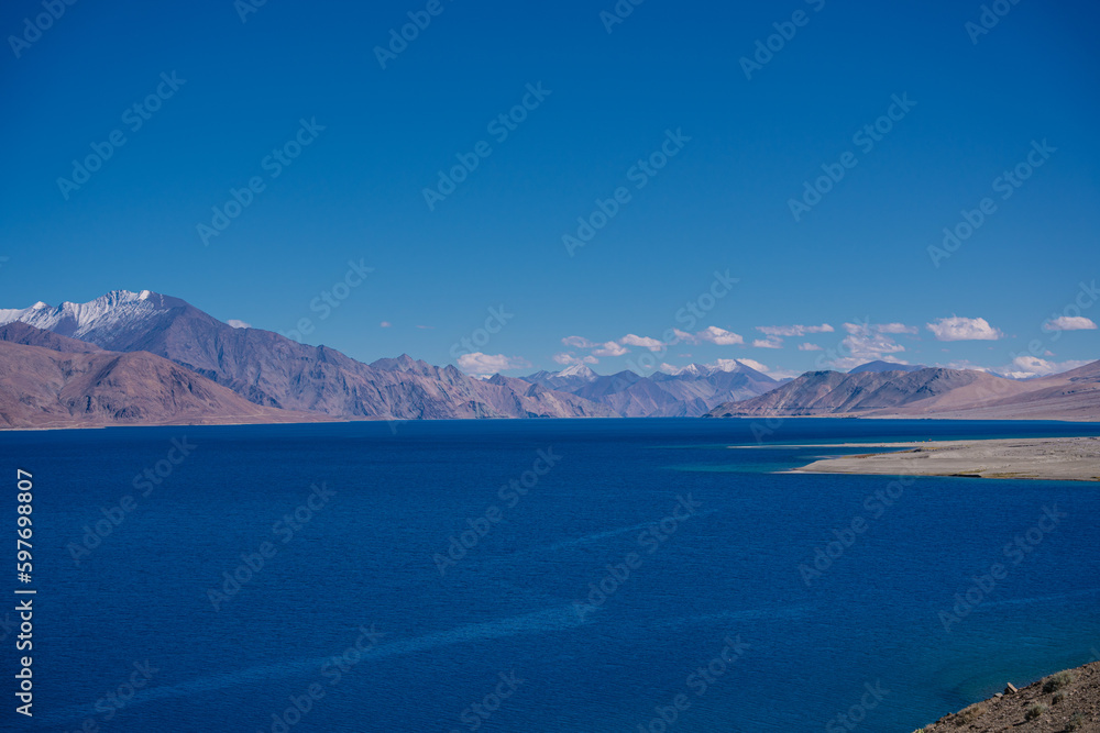 Pangong lake in autumn, and mountain and blue sky at Leh Ladakh