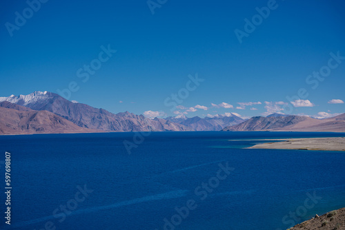 Pangong lake in autumn, and mountain and blue sky at Leh Ladakh