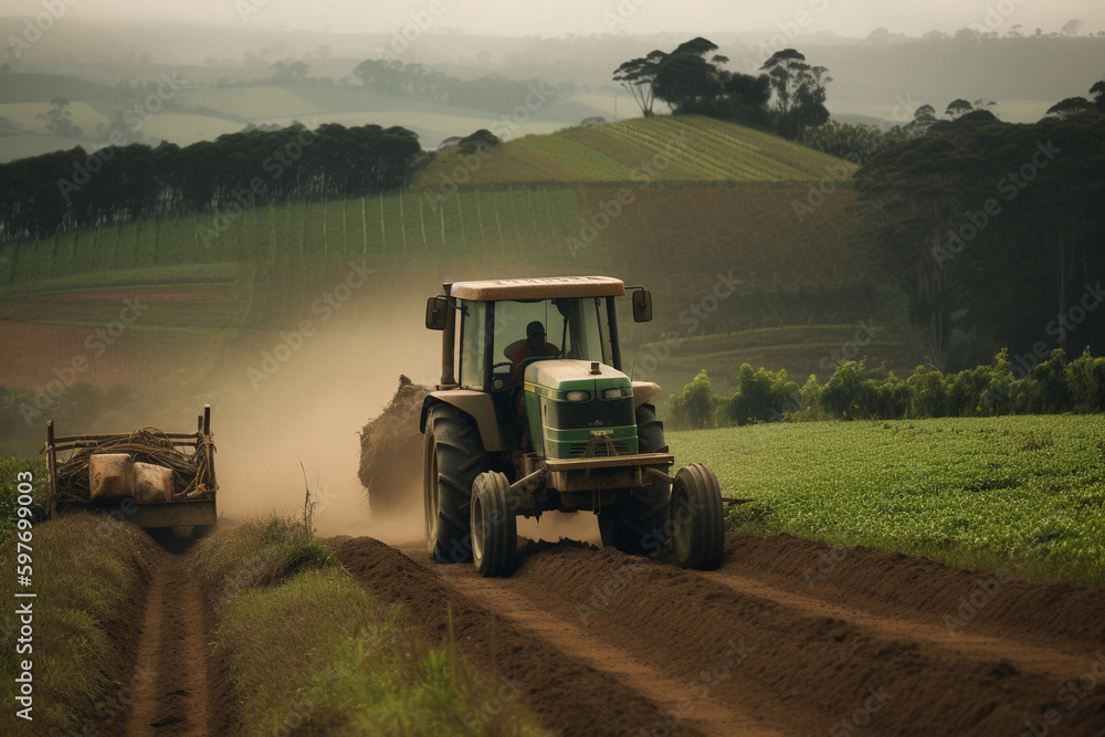 Fototapeta premium Tractor in the field and farming. AI Generated