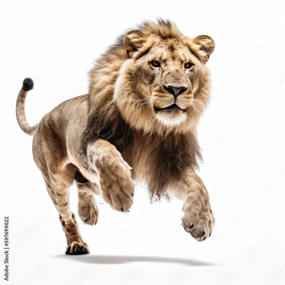 Lion Action Shot on White Background - Made with Generative AI