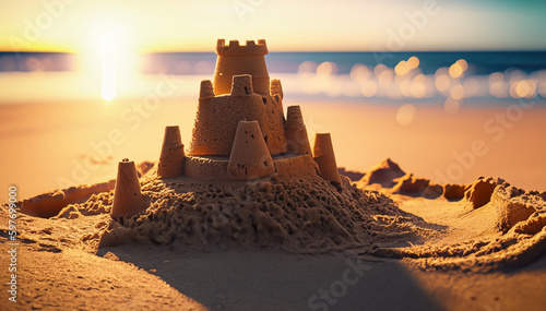 Sand castle on beach at sunset with sea in background