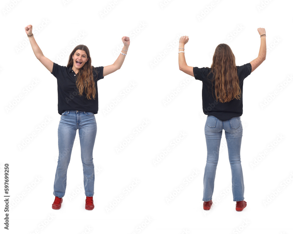 front and back view of young girl with arms raised on white background front and back view of young girl with arms raised on white background