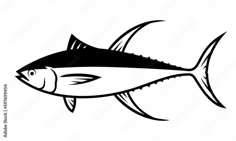 Tuna fish drawing with black blush lines, aquatic animal illustration on white background.