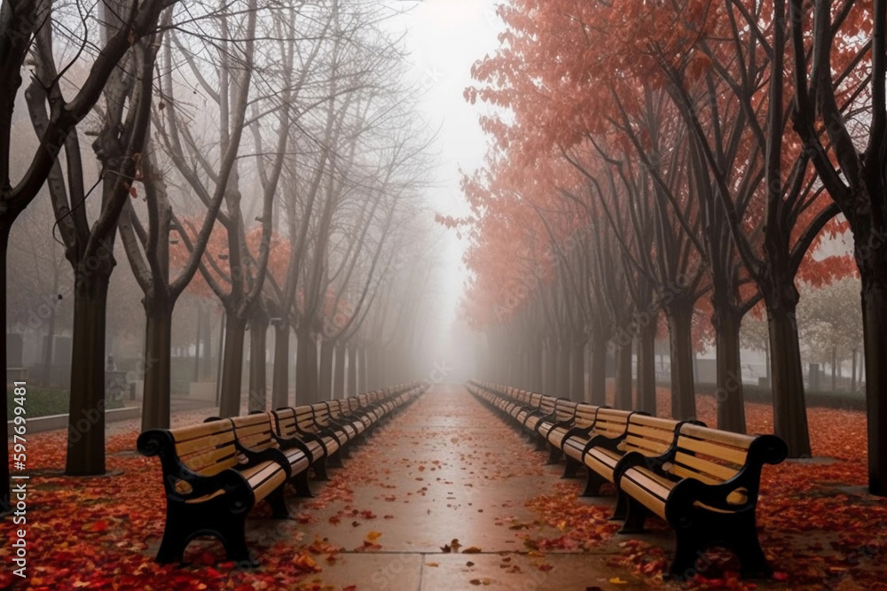 Misty autumn park. Alley in the park and benches. AI Generated