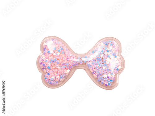 isolated pink bow with glitter and beads inside, handmade decoration accessory 