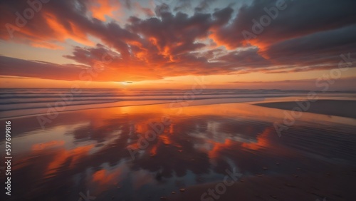 A colorful sunset over the ocean, with orange and pink hues filling the sky and reflecting on the water.