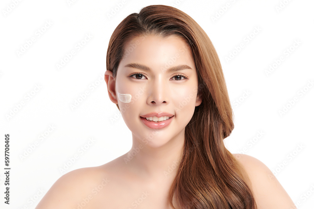 Beautiful young asian woman smiling and applying face cream on white background, Skin care and rejuvenation, Face care, Facial treatment, Cosmetology, beauty, Beautiful young asian woman smiling and applying face cream on white background, Skin care and rejuvenation, Face care, Facial treatment, Cosmetology, beauty,