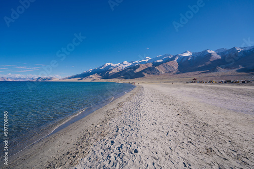 Pangong lake in autumn, and mountain and blue sky at Leh Ladakh